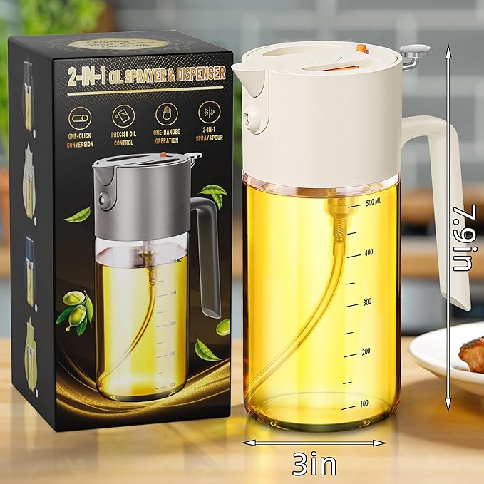 Costop Oil Sprayer for Cooking, 2025 Large Advanced Olive Oil Dispenser Bottle,500ml/17oz Glass Olive Oil Sprayer,2 in 1 Even Spray with Portion Control for Kitchen, Air Fryer, Salad, BBQ - White
