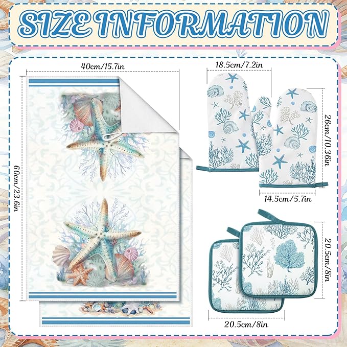 Jingmore 6 Pcs Kitchen Decor Set Accessorie Farmhouse Kitchen Towels Pot Holders and Oven Mitts Set 2 Dish Towels 2 Pot Holders 2 Cooking Mitten Oven Glove for Cooking(Blue,Coastal Starfish Shells)
