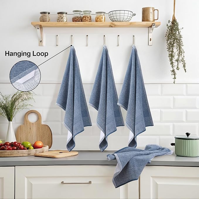 Mordimy Premium Kitchen Towels 6 Pack (18 x 28 Inches, Navy Blue), Large Cotton Kitchen Hand Towel, Flat & Terry Dish Towels for Drying Dishes, Super Absorbent Tea Dishtowels Set with Hanging Loop