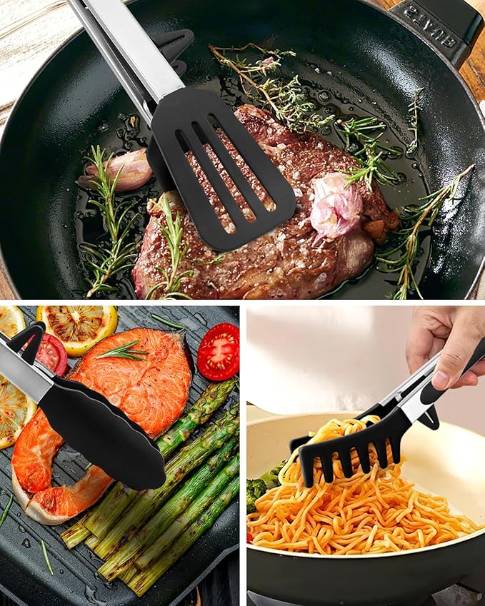 Kitchen Tongs for Cooking, Non Scratch Silicone Tip for Nonstick Cooking Pans, Food Grade Mini Serving Tongs, Pull Lock, Set of 3, Black (BLack, 12 inch)