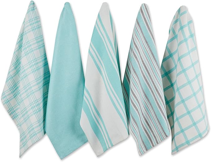 DII Assorted Woven, Kitchen Dishtowel Set, 18x28, Aqua, 5 Piece