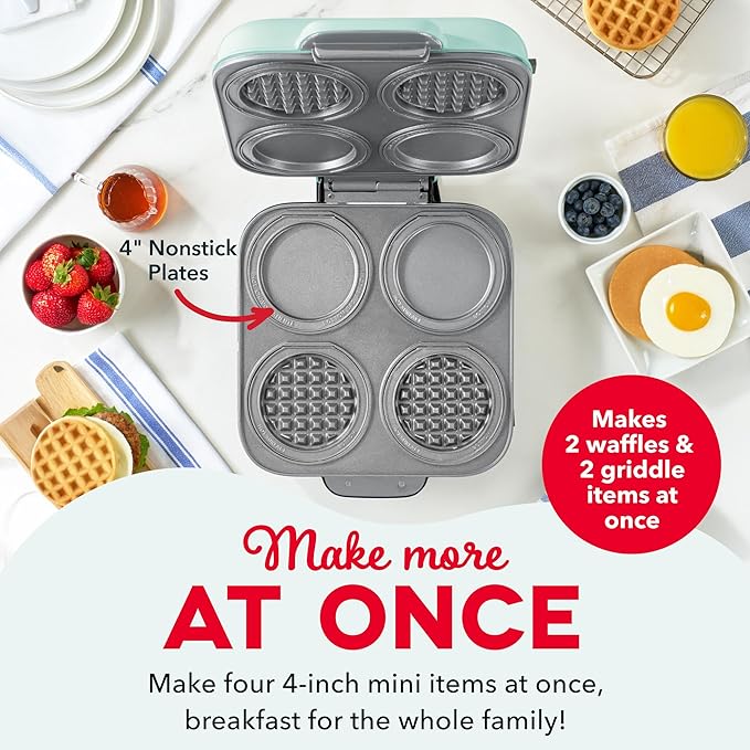 Dash MultiMaker® Family Mini Maker System - Dual Ceramic Nonstick Cooking Surfaces - Built-In Cord Wrap - Makes 4-Inch Waffles - Aqua, 8 Plates