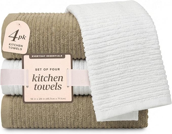 MosJos Kitchen Hand Towels Set of 4 Cotton Ribbed Taupe and White Hand Towels, 18 x 28 Super Absorbent Drying Cloth Kitchen Linens