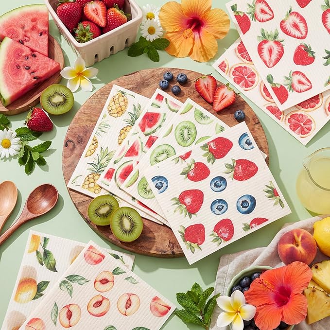 Tegeme 8 Pcs Fruit Swedish Dishcloth Kitchen Swedish Dish Towels Absorbent Cotton Reusable Strawberry Lemon Pineapple Watermelon Kitchen Towels for Summer Home Party Housewarming Cleaning, 6.8 x 7.7''