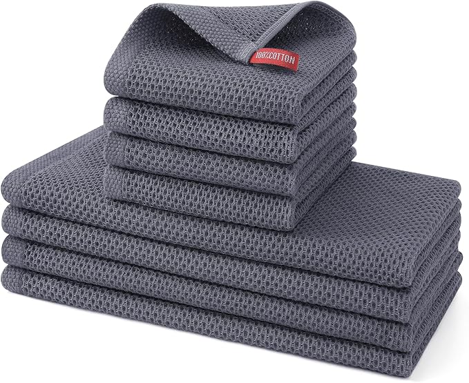 Kitinjoy 100% Cotton Kitchen Towels and Dishcloths Set, 8 Pack-13" x 28" and 12" x 12" Waffle Weave Dish Towels, Ultra Soft Absorbent Quick Drying Dish Rags, Dark Grey