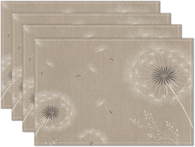 HOMETITUTE Dandelion Linen Placemats Set of 4 12x18 inch Spring Table Mats for Dining Table Farmhouse Decorations Kitchen Decor Desk Mat for Outdoor Home Party Kitchen Seasonal Dining Decor