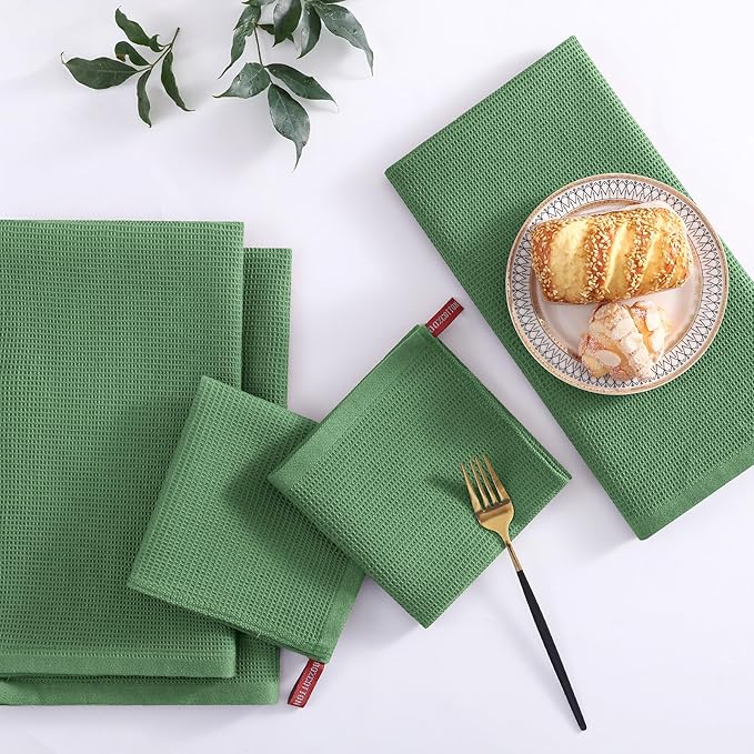 Homaxy 100% Cotton Kitchen Towels and Dishcloths Set - 8 Pack Waffle Weave Soft and Absorbent Dish Towels - 26 X 16 Inch and 12 X 12 Inch - Grass Green