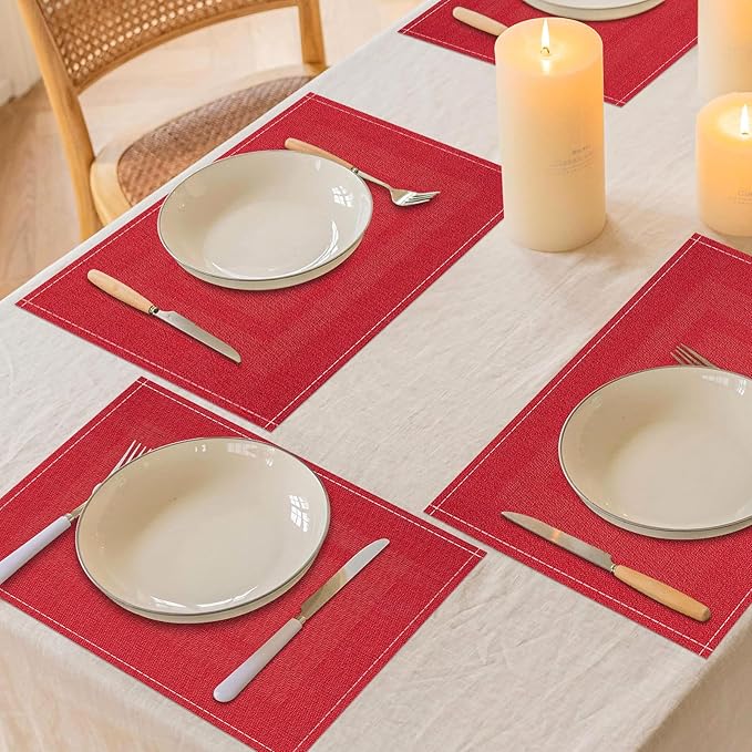 Niviy Christmas Placemats Set of 6, 12x18 Inch Rectangular Placemats for Kitchen Table, Red Placemats for Holiday Party Kitchen Dining Room Decoration