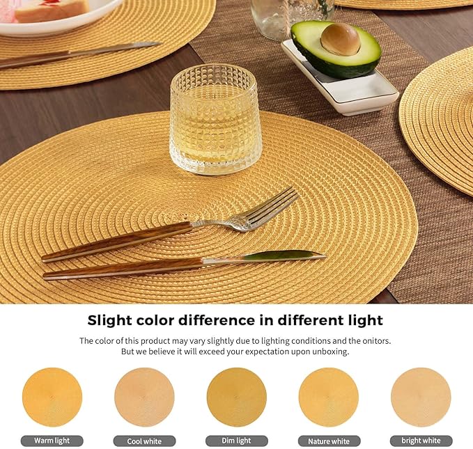 FunWheat Round Braided Placemats Set of 6 Table Mats for Dining Tables Woven Washable Non-Slip Place mats 15inch for Spring(Yellow, 6pcs)