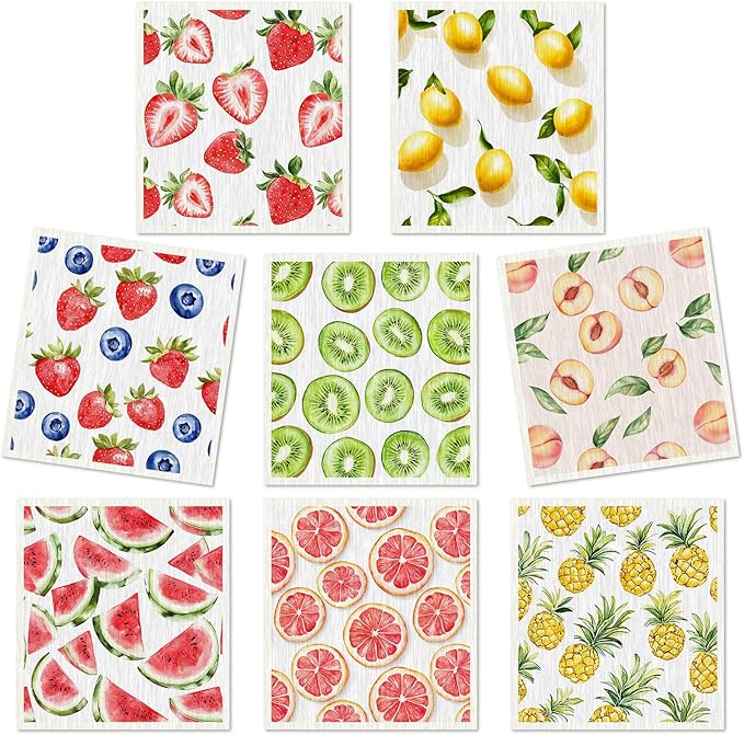 Tegeme 8 Pcs Fruit Swedish Dishcloth Kitchen Swedish Dish Towels Absorbent Cotton Reusable Strawberry Lemon Pineapple Watermelon Kitchen Towels for Summer Home Party Housewarming Cleaning, 6.8 x 7.7''