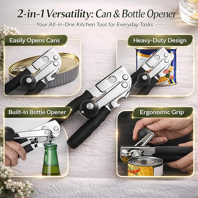 Commercial Can Opener, Heavy Duty Manual Can Opener for Large Cans, Hand Crank Can Opener with Magnetic Lid Lifter, Stainless Steel with Bottle Opener