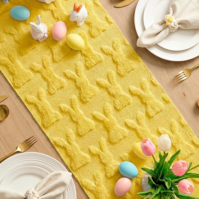 Artoid Mode Pale Yellow Soft Plush Faux Fur Jacquard Bunny Rabbit Easter Table Runner, Seasonal Kitchen Dining Table Decoration for Home Party Decor 13x72 Inch