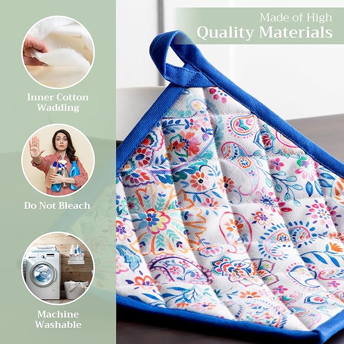 Maison d' Hermine Pot Holders 100% Cotton Heat Resistant Potholders 8" x 8" Hot Pads with Loop BBQ Cooking Baking Gifts for Mothers Day Handling Hot Pans Spring/Summer (Pack of 2, Indian Floral)