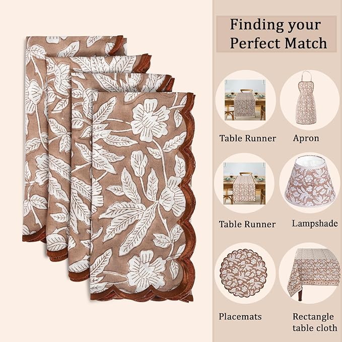 Ridhi Hand Block Print Oak Brown 18" x 18" (Set of 4) Embroidery Table Napkins Reusable Cotton Dinner Napkins for Weddings, Parties, Everyday Dining Gift for Spring, Easter, Valentine