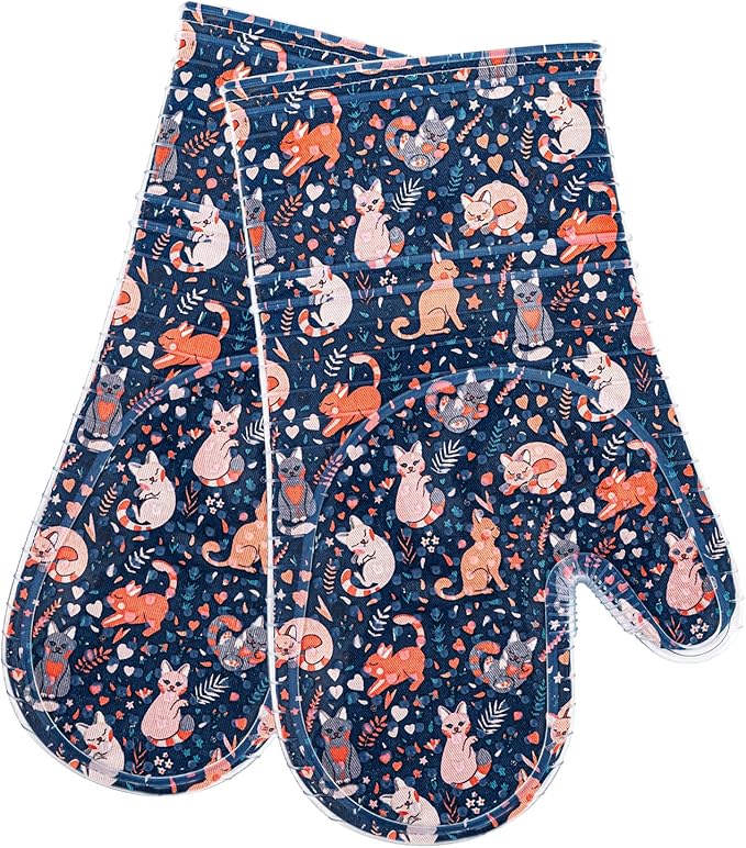 Oven Mitts Set of 2 with Transparent Clear Silicone Shell and Nice cat Printing Cotton Lining, Heat Resistant to 500 F Kitchen Oven Gloves Pot Holder for Cooking (Navy, Cat, Oven Mitts)