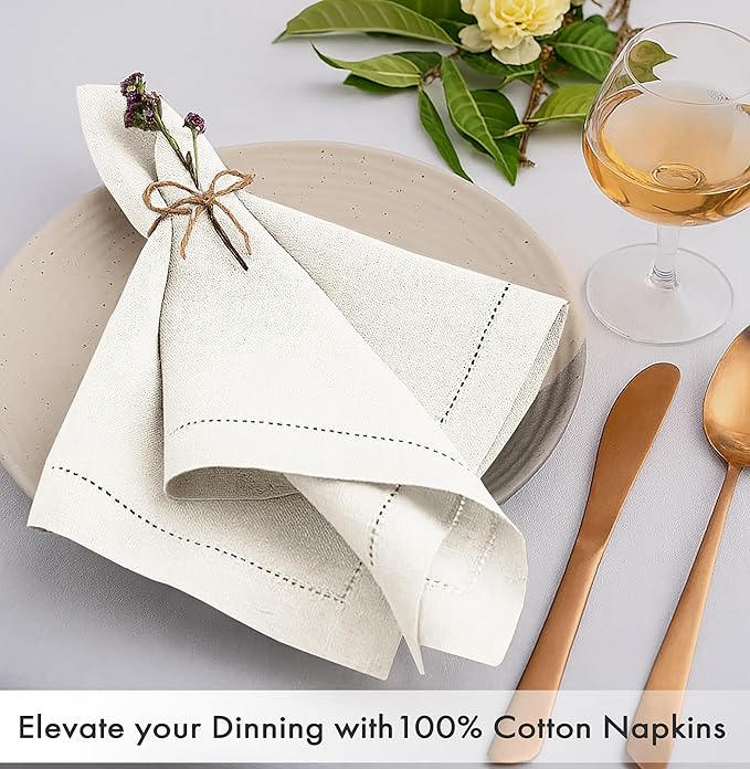 Ruvanti Cloth Napkins Set of 12, 100% Cotton High GSM 18x18 Inches, Hem Stitched Corners, Soft, Washable, Durable & Absorbent, Perfect for Parties, Christmas, Thanksgiving Dinners – Antique White