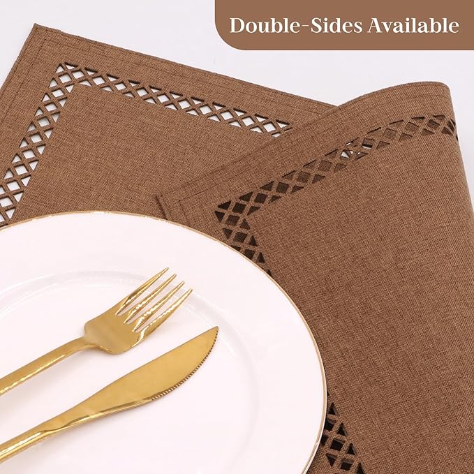 Linen Cloth Placemats Set of 4, HADEEONG 12 x 18 Inch Hollow Edge Place Mats Washable Heat Resistant Placemats Cloth Table Mats for Dining Table Home Decor (Brown, 4)