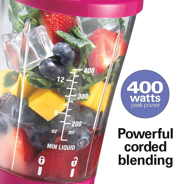 Hamilton Beach Portable Blender for Shakes and Smoothies, 14 Oz BPA Free Travel Cup & Lid, Durable Stainless Steel Blades, Personal Smoothie Blender, Raspberry, 51131G
