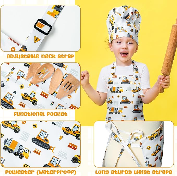 GROBRO7 4Pcs Kids Apron and Chef Hat Set Gift for Girls Boys, Dinosaurs Construction Vehicles Adjustable Kitchen Cooking Child Aprons with 2 Pockets Waterproof Smocks for Baking Painting Crafting