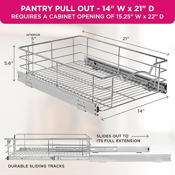 HOLDN’ STORAGE Pull Out Cabinet Organizer, Slide Out Drawer for Kitchen Cabinets & Pantry, Roll Out Shelf for Pots, Pans & Under Sink Storage, Heavy-Duty Full-Extension, 14" W x 21" D x 5" H