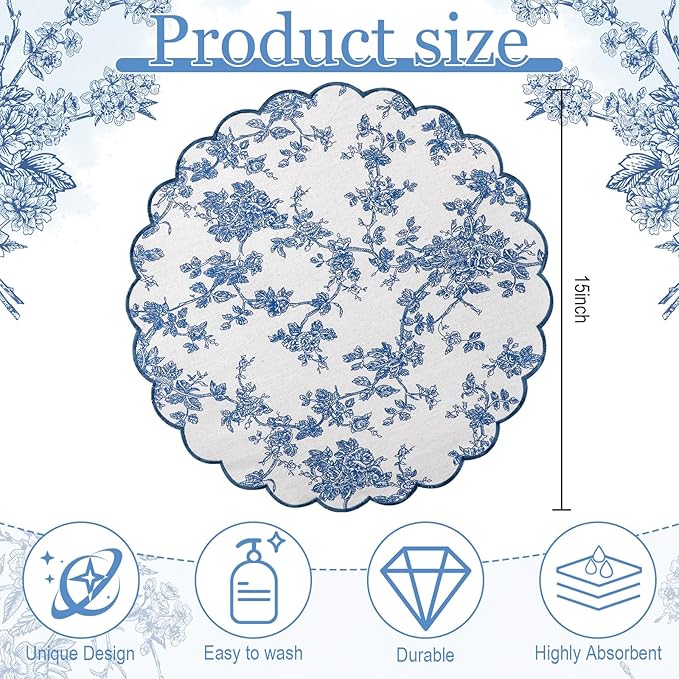 Set of 6 Round Placemats 15 Inch Cotton Scalloped Embroidery Placemat Washable Double Layered Rustic Dinner Table Mat Decoration Fabric for Hotel Restaurant Kitchen (Blue/White,Floral)