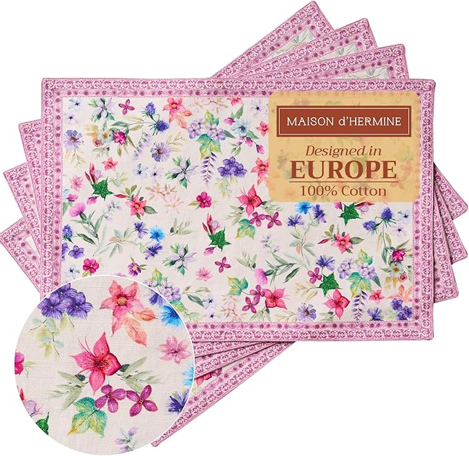 Maison d' Hermine Placemats Set of 4 100% Cotton Washable Cloth Place Mats Reusable Table Mats for Kitchen Dining Party Wedding Gifts for Mothers Day Spring/Summer (Chardon, 13" x 19")