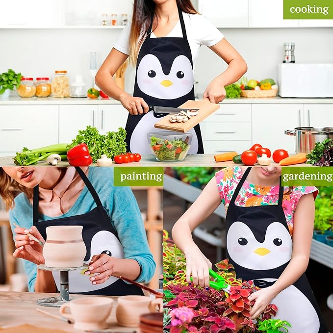 RosieLily Cute Aprons for Women Penguin Apron Black Apron Kitchen Apron for Cooking Baking Gardening Grilling BBQ Chef Penguin Gift for Men Black and White Bib Aprons