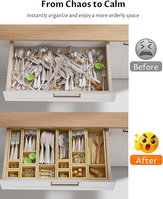 12-Piece Bamboo Desk Drawer Organizer Set – Adjustable Storage Boxes with 24 Compartments, Non-Slip, Modular Design for Office, Jewelry, Vanity, and Kitchen Utensil Drawer Storage