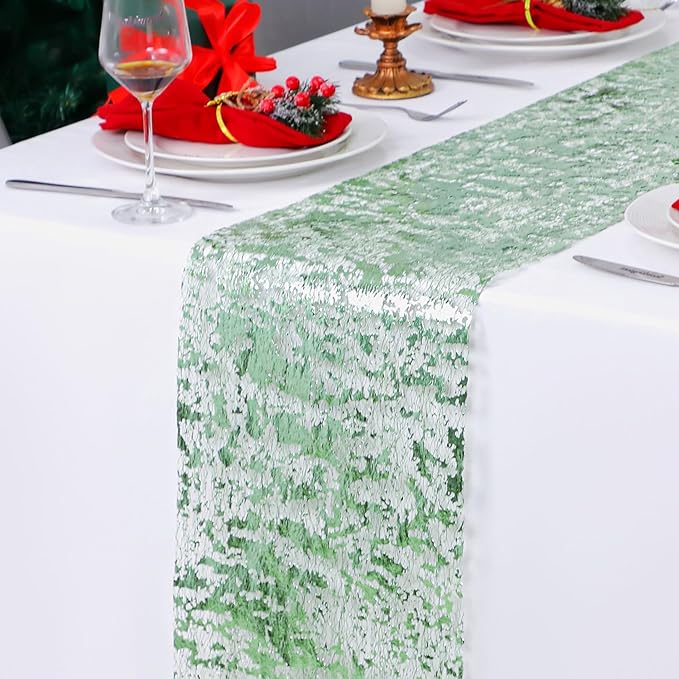 Snowkingdom Sage Green Table Runner, Sequin Glitter Foil Metallic Sage Green Mesh Spring Table Runner 11inch x 240inch,Table Decorations for Party Wedding Bridal Birthday Shower Christmas