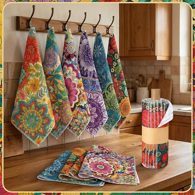 Redbaker 36 Pcs Reusable Paper Towels Rolls Towels Bulk Kitchen Washable Paperless Cloth Cotton Hand Napkins with Cardboard Reusable Napkins for Kitchen Bathroom (Boho Floral Style)