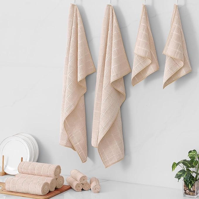 Homaxy Microfiber Kitchen Towels and Dishcloths Set, 20 Pack Soft and Absorbent Dish Hand Towels Bulk, 28 x 16 Inch & 12 x 12 Inch Quick Drying Rags for Washing Dishes, Beige