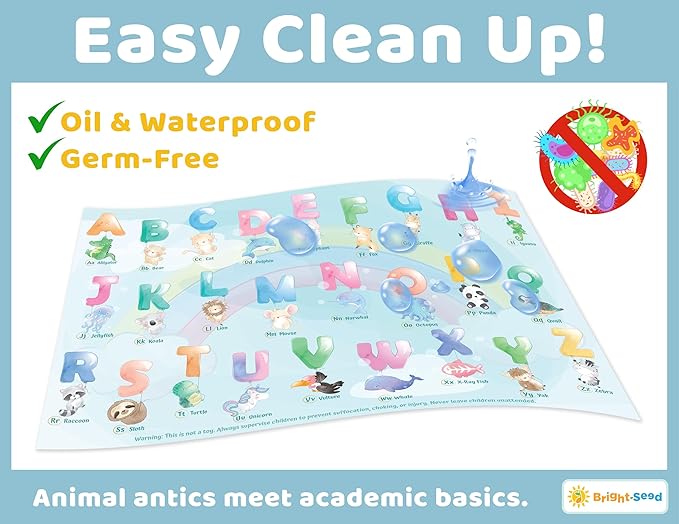 Bright Seed Disposable Placemats for Baby, Toddlers and Kids, 40 Disposable Baby Placemats for Restaurant, Dining Table & Travel, Learning Placemats for Kids, Toddler Travel, Animals ABC & Numbers