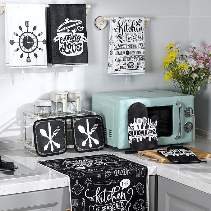 Leinuosen 8 Pcs Cooking Kitchen Decor Accessories Set Farmhouse Towels Oven Mitts Pot Holders Dishcloths Set Kitchen Decorative Absorbent Gloves Potholders for Chef Baking Cooking