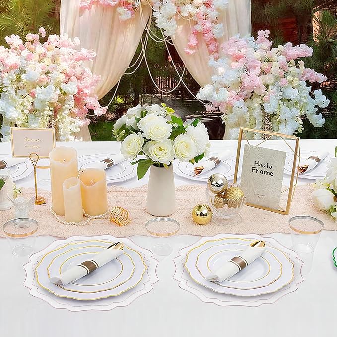 8 Sets Ribbon Twirl Cotton Linen Placemats, 15 inch Embroidery Round Cloth Table Mats with Pink Scalloped Edge Washable Fabric Place Mats Flower Shape for Wedding Baby Shower Party Table Decor