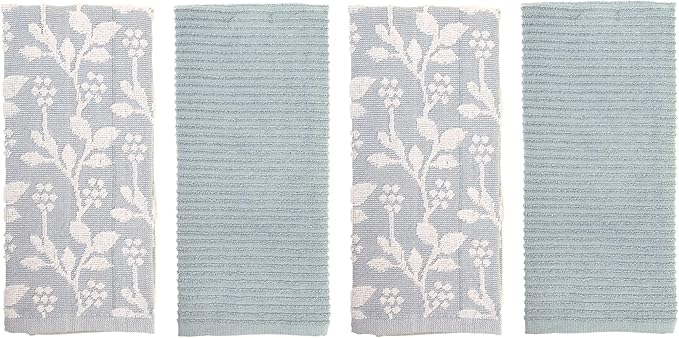 MosJos Kitchen Towels, Cotton Hand Towels, Blue and White Floral Vine Ribbed Hand Drying Cloth Set of 4 Absorbent Hand Towels, 18 x 28 Kitchen Linens