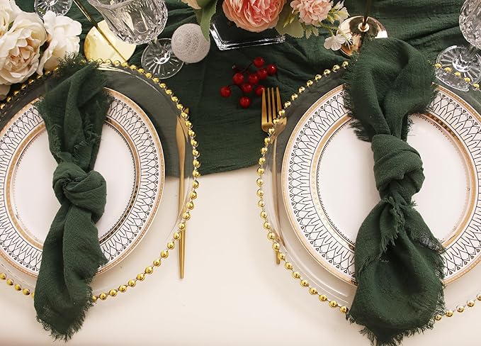 Cloth Napkins with Fringe Set of 12,100% Natural Soft Cotton,Spring Washable Gauze Napkins for Wedding Decorative, Dinner Parties, Bridal Shower Baby Shower, Dark Green