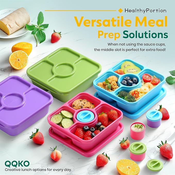 QQKO Bento Snack Box Containers for Adults Kids, Meal Prep Containers Reusuable Bento Lunch Box, Lunchable Food Storage Containers with Lids and Sauce Cups, Retro Blue