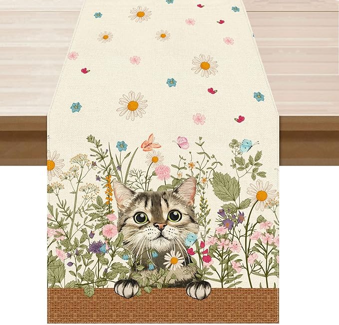 XCHI Wildflowers Cat Daisy Spring Table Runner Summer Table Decoration for Party Home Kitchen Dining Holiday Decor 13x90 Inch