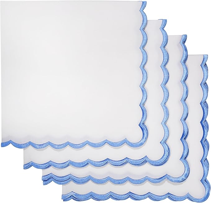 Ridhi Cloth Napkins 100% Pure Cotton Farmhouse Wedding Dinner Napkins Gift for Spring, Easter, Valentine, Holiday, Everyday Napkin (4-18" x 18" Dinner Napkin, White with Blue Edge)