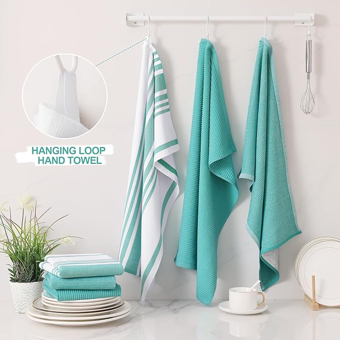 Homaxy Premium Kitchen Towels(18”x 28”, 9 Pack), Large Cotton 380 GSM Kitchen Hand Towels, Soft and Absorbent Terry Dish Towels, Multipurpose Tea Towel Set with Hanging Loop, Teal