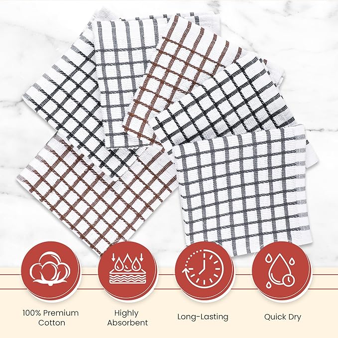 Vintage Vista 100% Cotton Dish Cloths (Pack of 6) - Dish Rags for Washing Dishes - Reusable & Highly Absorbent Kitchen Towels - Kitchen Rags fo Easter - (12" x 12" - Multicolor Checkered)