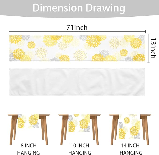 Dahlia Flower Table Runner 13x71 Inch Farmhouse Yellow Gray Runners Modern Table Decorations Rustic Geometric Coffee Table Runner for Home Kitchen Dining Room Party (13"x71", Dahlia Floral-Yellow)