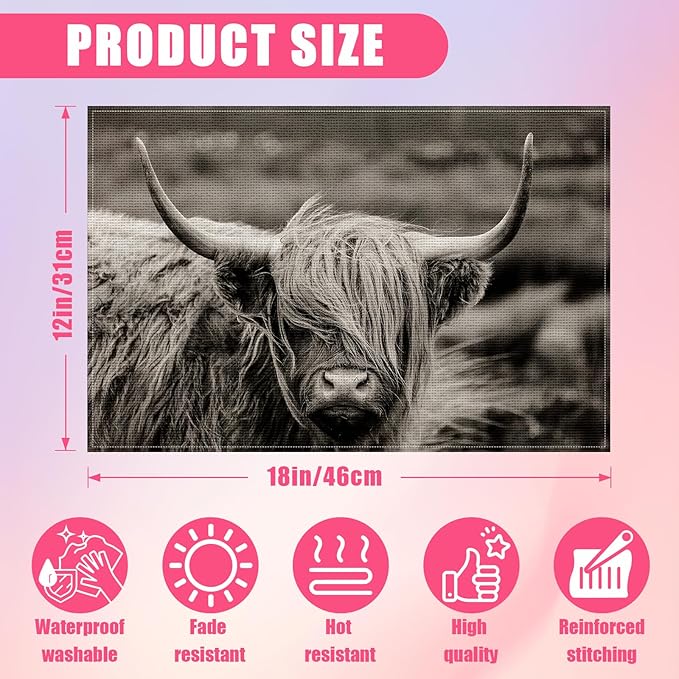 Highland Cow Placemats Set of 6,12x18 Inch Linen Place Mat Washable Stain Resistant Table Mats for Spring Summer Seasonal Farmhouse Kitchen Party Home Decor