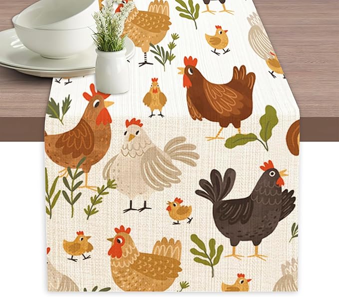 Cute Roosters Chickens Hen Table Runners 70 inches Long Table Runner Elegant Linen Dresser Scarfs Farmhouse Tablerunner for Wedding/Coffee/Dining Table/Party Home Decor
