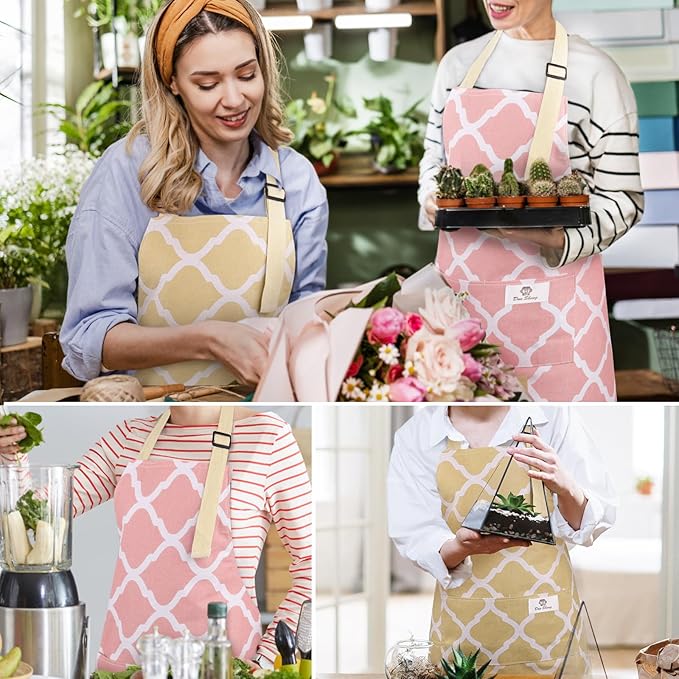 2 Pieces Aprons for Women with Pockets, Cotton Linen Waterproof Kitchen Cooking Aprons, Chef Apronfor Men Women with Adjustable Neck Strap and Long Ties(Pink/Yellow)