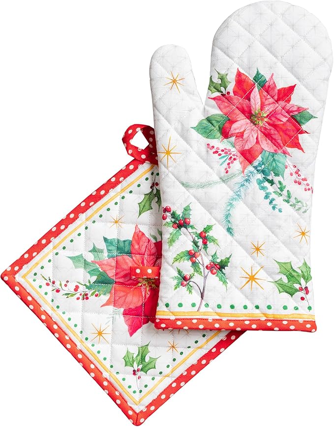 Maison d' Hermine 100% Cotton Oven Mitt & Pot Holder Set (7.5"x13" & 8"x8") Heat Resistant BBQ Cooking Gloves with Loop for Thanksgiving Christmas Decorations Handling Hot Pans (Poinsettia Christmas)