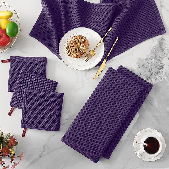 Kitinjoy 100% Cotton Waffle Weave Kitchen Hand Towels (13 X 28 Inches, Eggplant), 4-Pack Super Soft and Absorbent Dish Towel for Drying Dishes