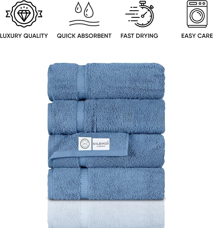 SALBAKOS 100% Turkish Cotton Bath Towels | 4 Piece Turkish Bath Towels Blue 27x54 in Standard Size | Premium Hotel Quality, Super Absorbent, Thick & Plush Turkish Bath Towel (Blue, 4 Bath Towels)