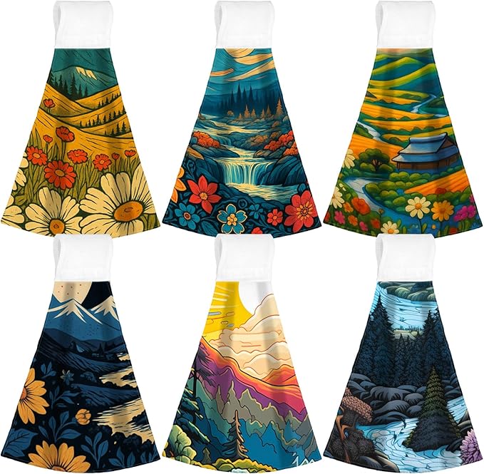 Tegeme 6 Pcs Hanging Kitchen Towels with Loop, Absorbent Hand Tie Towels Microfiber Decorative Fast Drying Kitchen Hanging Towel for Home Bathroom (Scenery)