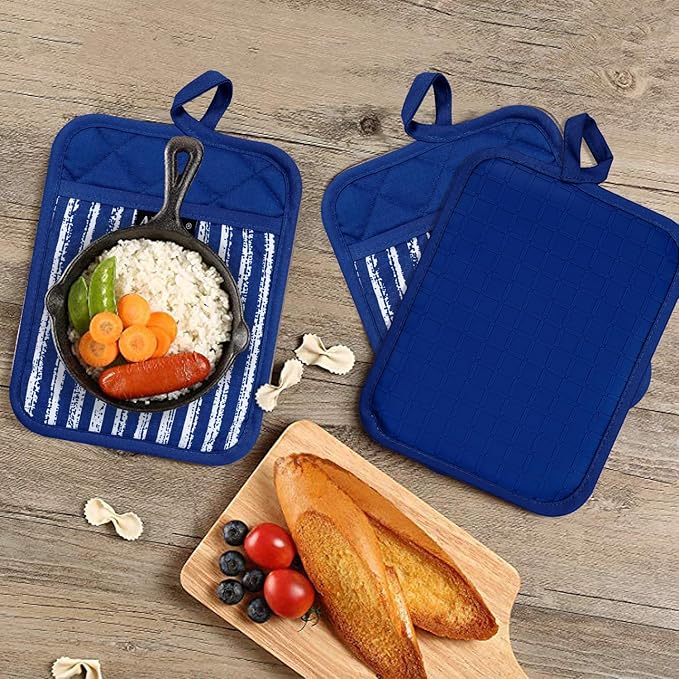 Alselo Silicone Pot Holders Set of 3 Heat Resistant & Non Slip Potholders, Professional Oven Hot Pads with Pockets Mitts for Kitchen Cooking Baking Barbecue (Cobait Blue, 3)